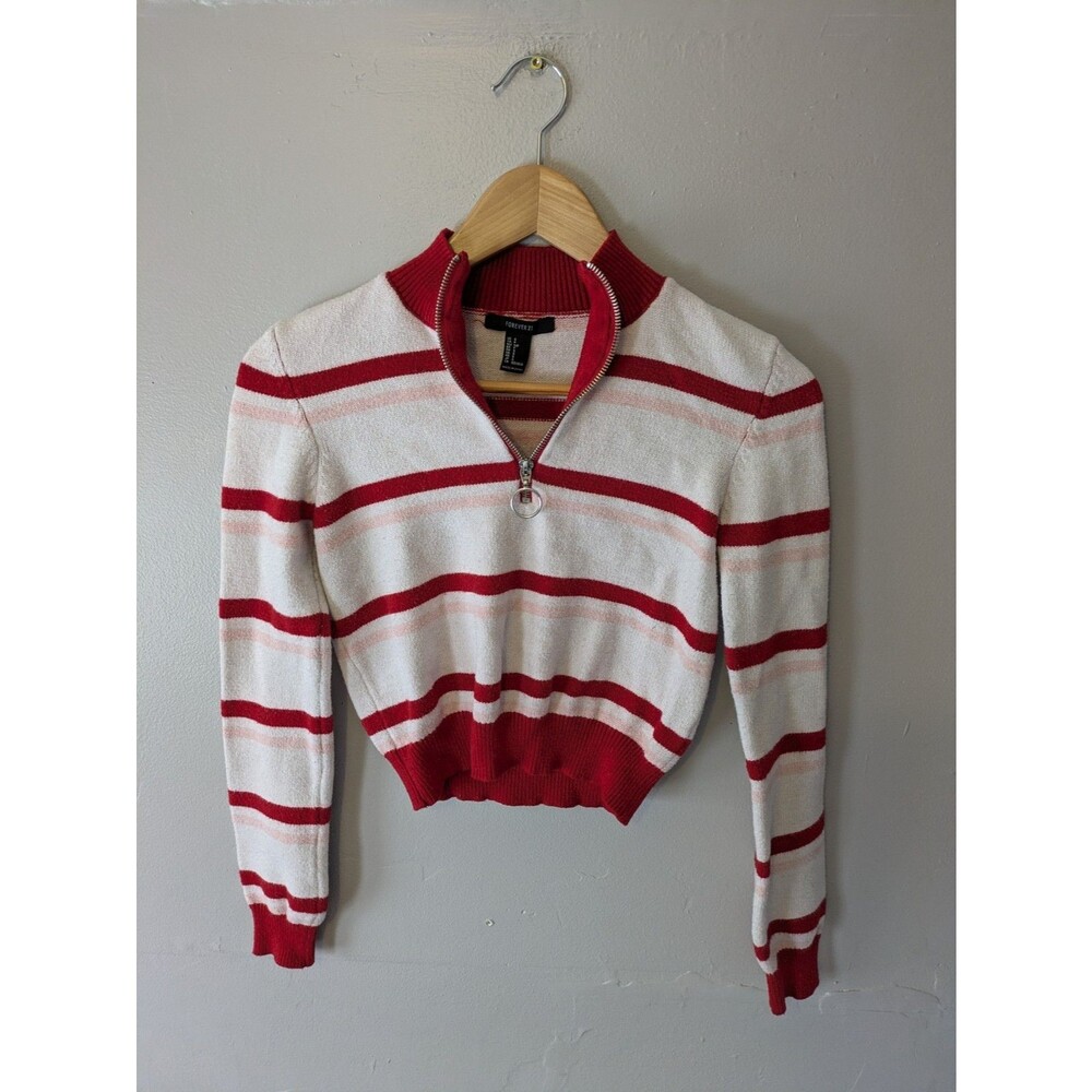 Vtg Y2K Pink, red striped Babydoll Sweater, Forever 21, zipper Bella Swan Core S